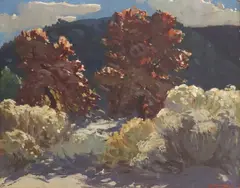 Fremont F. Ellis, Oaks and Chamisa, oil on canvas board