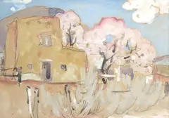 William Penhallow Henderson, Pueblo Adobe With Peach Tree, pencil and watercolor