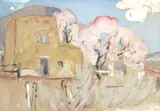 William Penhallow Henderson, Pueblo Adobe With Peach Tree, pencil and watercolor