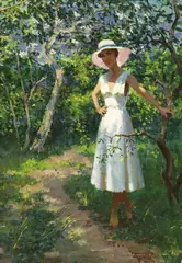 Sergei Babkov, Woman Among Blooming Trees, oil on board