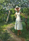 Sergei Babkov, Woman Among Blooming Trees, oil on board