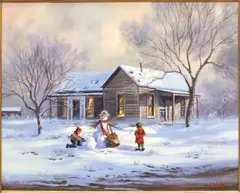 Kay Walton, Children and Snowman, oil on canvas