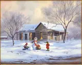 Kay Walton, Children and Snowman, oil on canvas