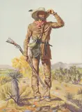 Joe Ruiz Grandee, Frontiersman, watercolor and gouache painting on artist board
