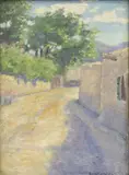Grace Purdie Moon, Street in Taos, New Mexico, oil on canvas board