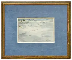 Footsteps and Fence in Snow by Robert Eric Moore, watercolor on paper under glass, offered Jul 2017