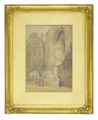 John Skinner Prout, Normandy, Watercolor on paper in carved and guilt frame