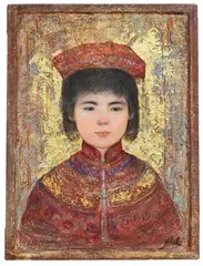 Edna Hibel, Han Chang Qing, mixed media painting with gold leaf on board