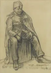 Ger Langeweg, Seated Soldier, charcoal drawing on paper