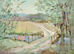 Lou Gordon, Fishing at the Bridge, oil on canvas