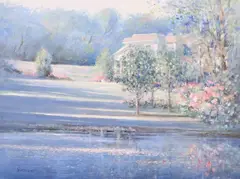 Lou Gordon, Floral Landscape with House & Pond, impressionistic oil painting on canvas