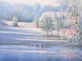 Lou Gordon, Floral Landscape with House & Pond, impressionistic oil painting on canvas