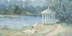 Lou Gordon, Picnic By the Gazebo, oil on canvas
