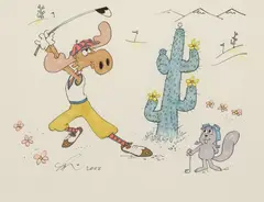 Gerald Baldwin, Rocky and Bullwinkle Playing Golf, hand-colored ink drawing on paper