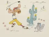 Gerald Baldwin, Rocky and Bullwinkle Playing Golf, hand-colored ink drawing on paper