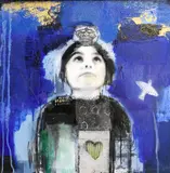 Dominique Fortin, Chercheur d'Etoiles II, mixed media collage on board