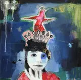 Dominique Fortin, Chercheur d'Etoiles I, mixed media collage on board