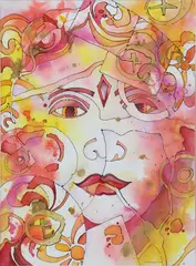 Karin Michele Anderson, The Devi, watercolor and ink painting with gilt pigment on paper