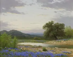 Porfirio Salinas, River Landscape with Bluebonnets, oil on canvas