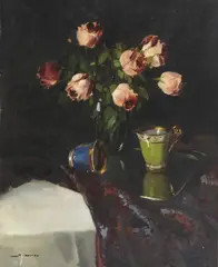 Still Life with Vase of Roses and Teacups by Vilmos Murin, oil on canvas, sold Oct 2024