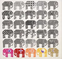 Elephants by Pedro Friedeberg, limited edition print in colors on paper, sold Oct 2024