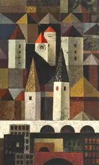 Michael Frary, Towers/ Hillside Village, mixed media painting on canvas