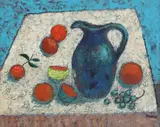 Michael Frary, Still life with pitcher and fruit, oil on board