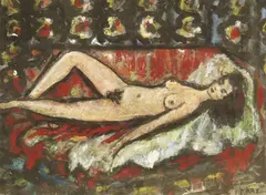 Reclining Female Nude by Michael Frary, mixed media painting on board, sold Oct 2024