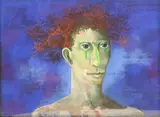 Kelly Fearing, Clown with wild red hair, pastel drawing on black paper