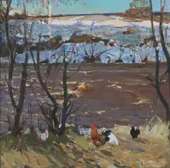 Nikolay Baskakov, Chickens in a landscape, oil on Masonite