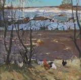 Nikolay Baskakov, Chickens in a landscape, oil on Masonite