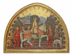 Nicola D'Asnasch, a partial rendition of the east wall of the Procession of the Magi to Bethlehem, 1945, Gilt and oil paint on wood panel
