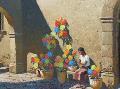 Jack Dudley, Woman Making Paper Flowers, oil on board