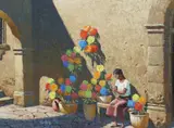 Jack Dudley, Woman Making Paper Flowers, oil on board