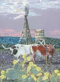 George Boutwell, Texas Longhorns in Bluebonnet Field, giclee on stretched canvas
