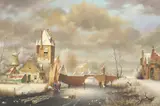Pieter Cornelis Steenhouwer, Winter Landscape with Figures Ice Skating by a Bridge and Windmill, oil on canvas
