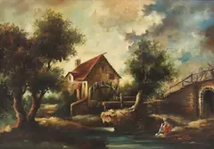 Fabius Brest, Woman washing laundry in a river, oil on canvas