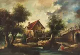 Fabius Brest, Woman washing laundry in a river, oil on canvas