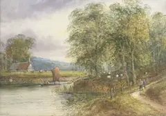 Lennard Lewis, Bucolic landscape with grazing sheep, watercolor and gouache painting on paper