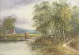 Lennard Lewis, Bucolic landscape with grazing sheep, watercolor and gouache painting on paper