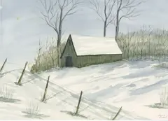 Louis Steen, Barn in the Snow, watercolor painting on paper