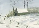 Louis Steen, Barn in the Snow, watercolor painting on paper