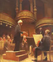 William Harnden, Conductor with Orchestra, oil on Masonite