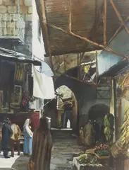 Yandi, Outdoor Market, watercolor painting on paper