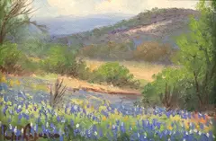 Pedro Lazcano, Texas Hills and Bluebonnets, oil painting on board