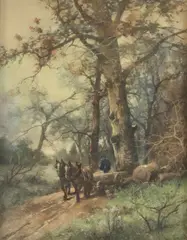 Adolf Kaufmann, Horse-drawn Logging Cart, watercolor painting on paper