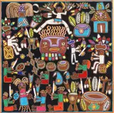 Leopoldo Valdez De La Crus, Fiesta el mes Octubre, Huichol Indian folk art yarn painting on board