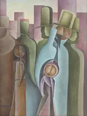 Javier Guerrero, Crowd of Figures, oil on canvas painting mounted to board