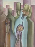 Javier Guerrero, Crowd of Figures, oil on canvas painting mounted to board