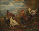 Paul Henry Schouten, Rooster with Four Hens, oil on canvas